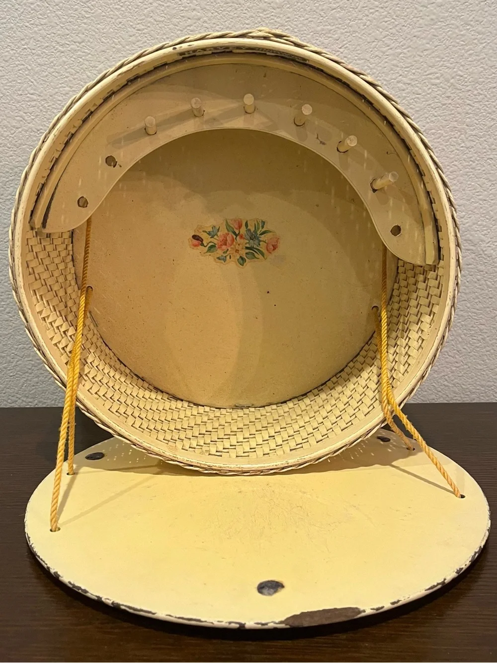Vintage Harvey Yellow Wicker & Wood Sewing Basket with Painted Floral Enamel Lid